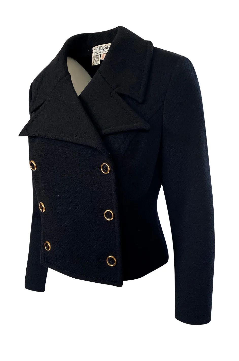 1970s Tricosa France Cropped Black Jacket w Pointed Collar Gold Buttons