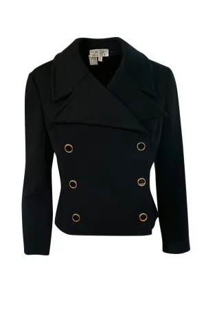 1970s Tricosa France Cropped Black Jacket w Pointed Collar Gold Buttons