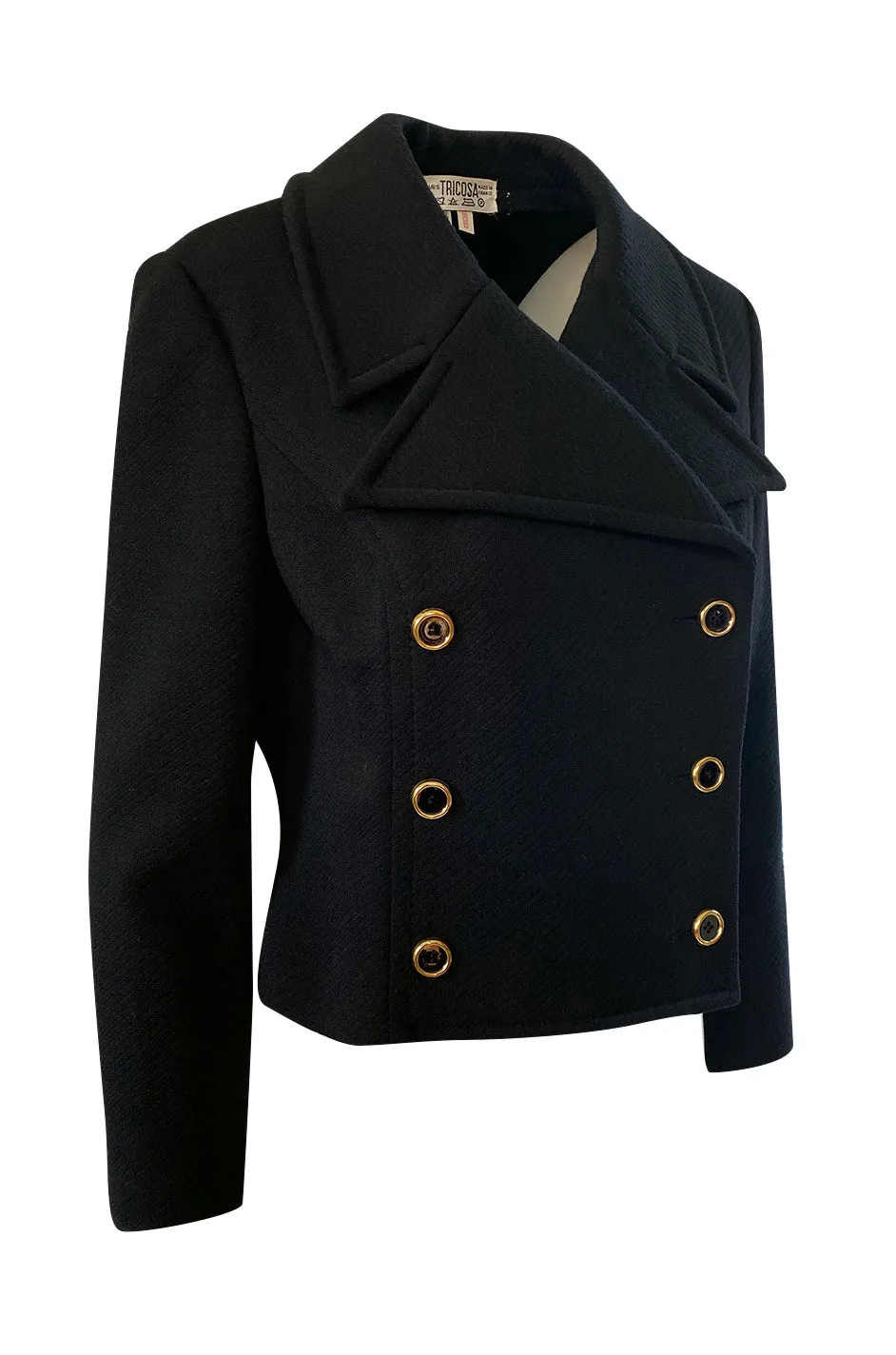 1970s Tricosa France Cropped Black Jacket w Pointed Collar Gold Buttons