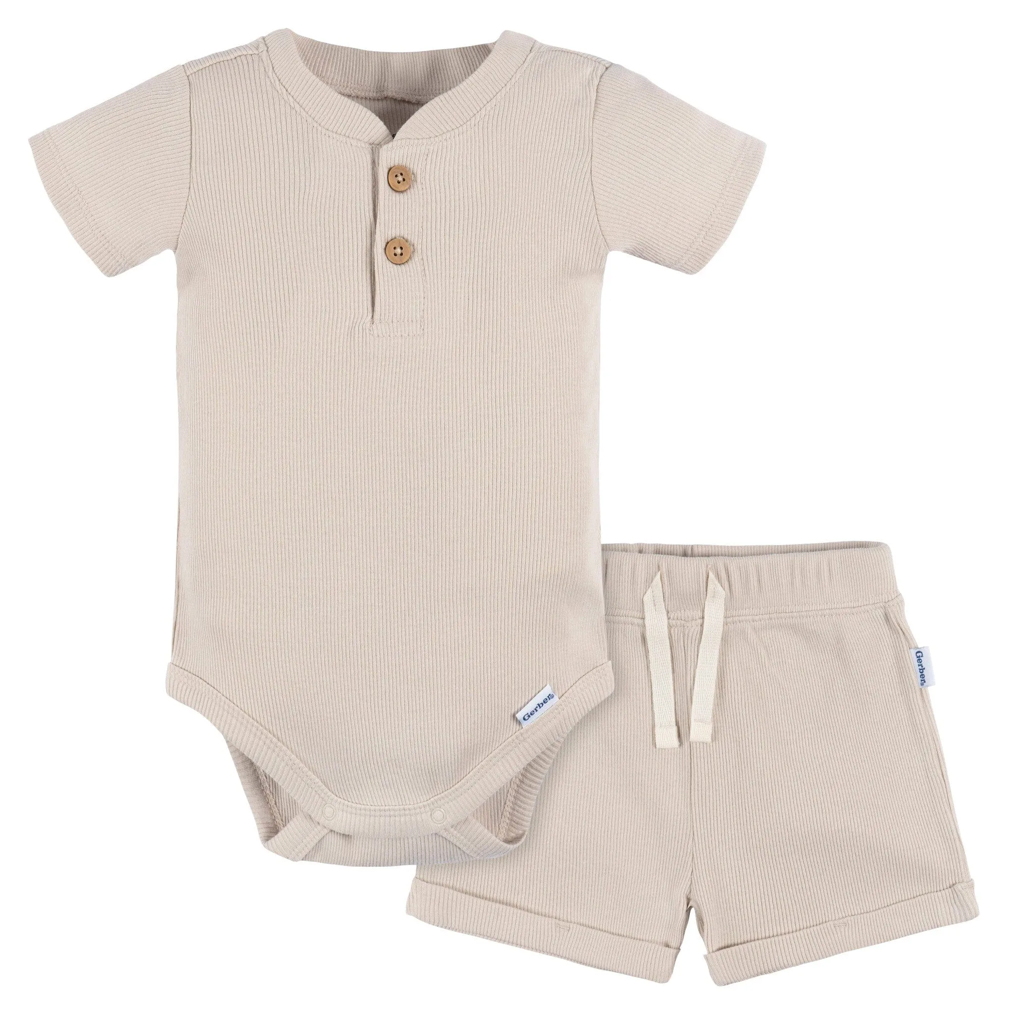 2-Piece Baby Boys Beige Bodysuit and Shorts Set