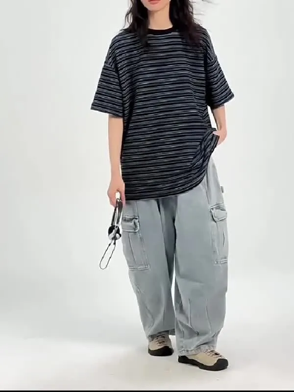 2000s striped print oversized short sleeve shirt