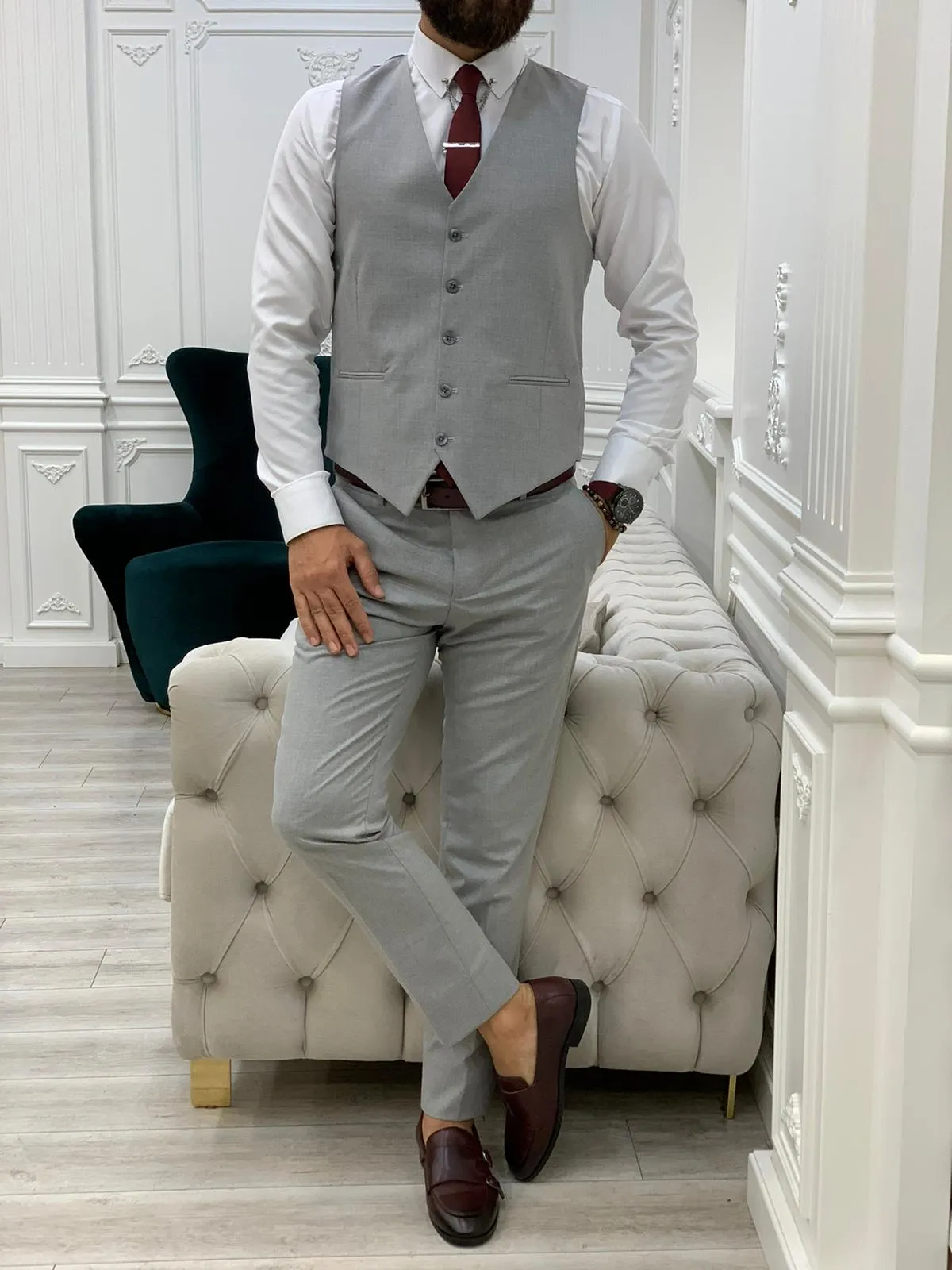 Barrua Gray Slim Fit Peak Lapel Striped Suit for Modern Men