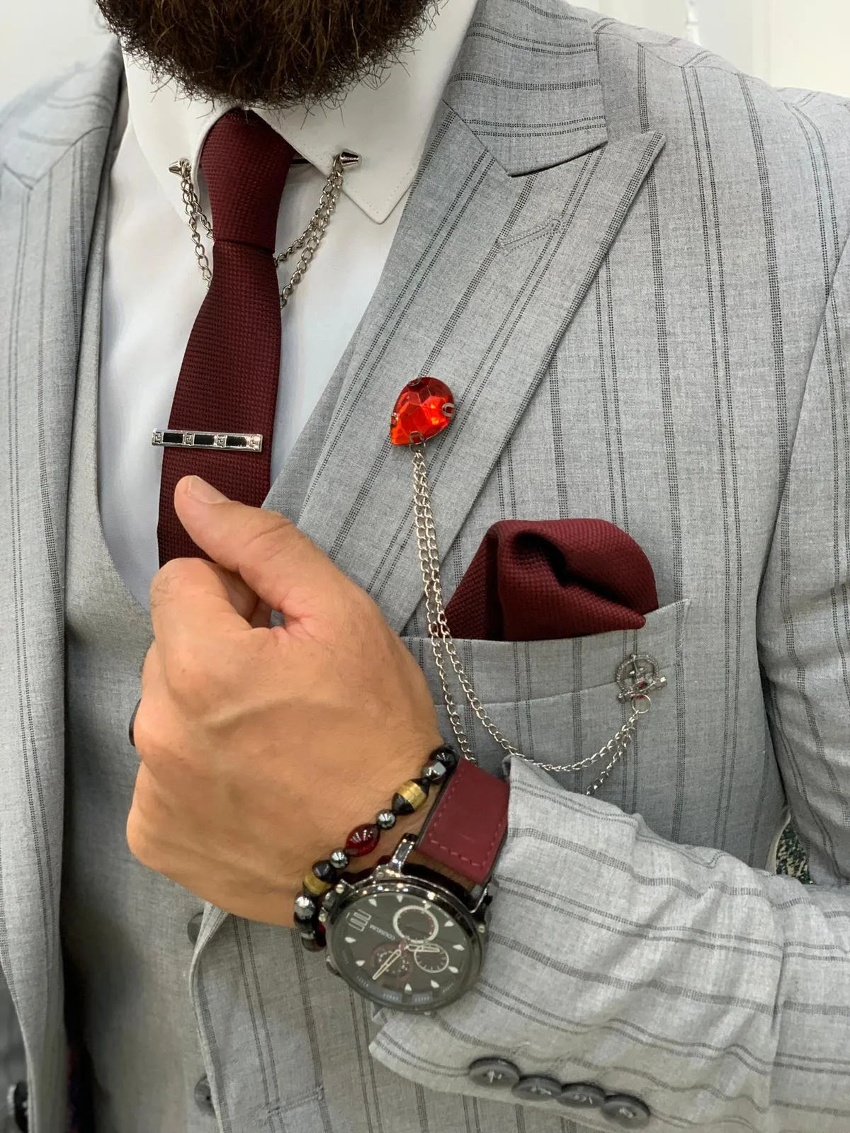 Barrua Gray Slim Fit Peak Lapel Striped Suit for Modern Men