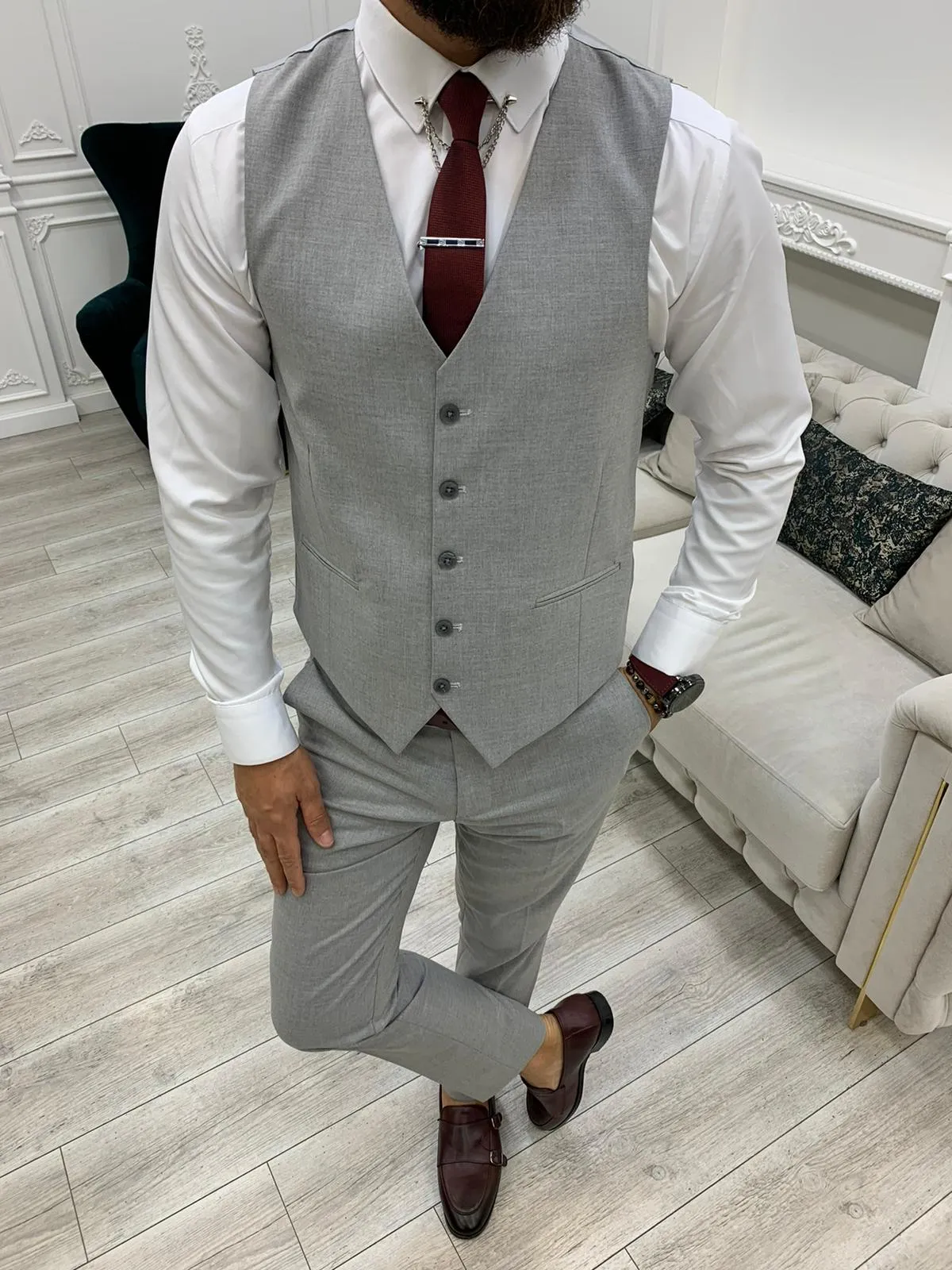 Barrua Gray Slim Fit Peak Lapel Striped Suit for Modern Men