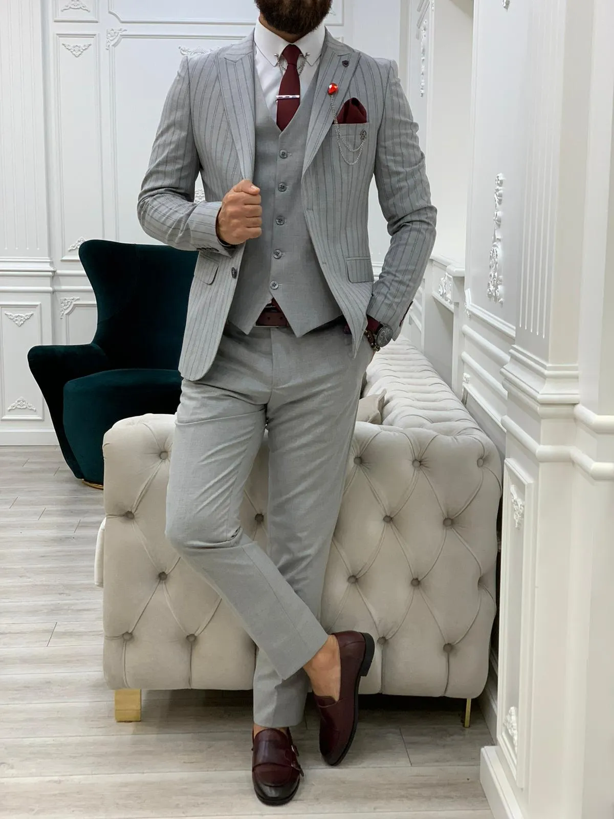 Barrua Gray Slim Fit Peak Lapel Striped Suit for Modern Men