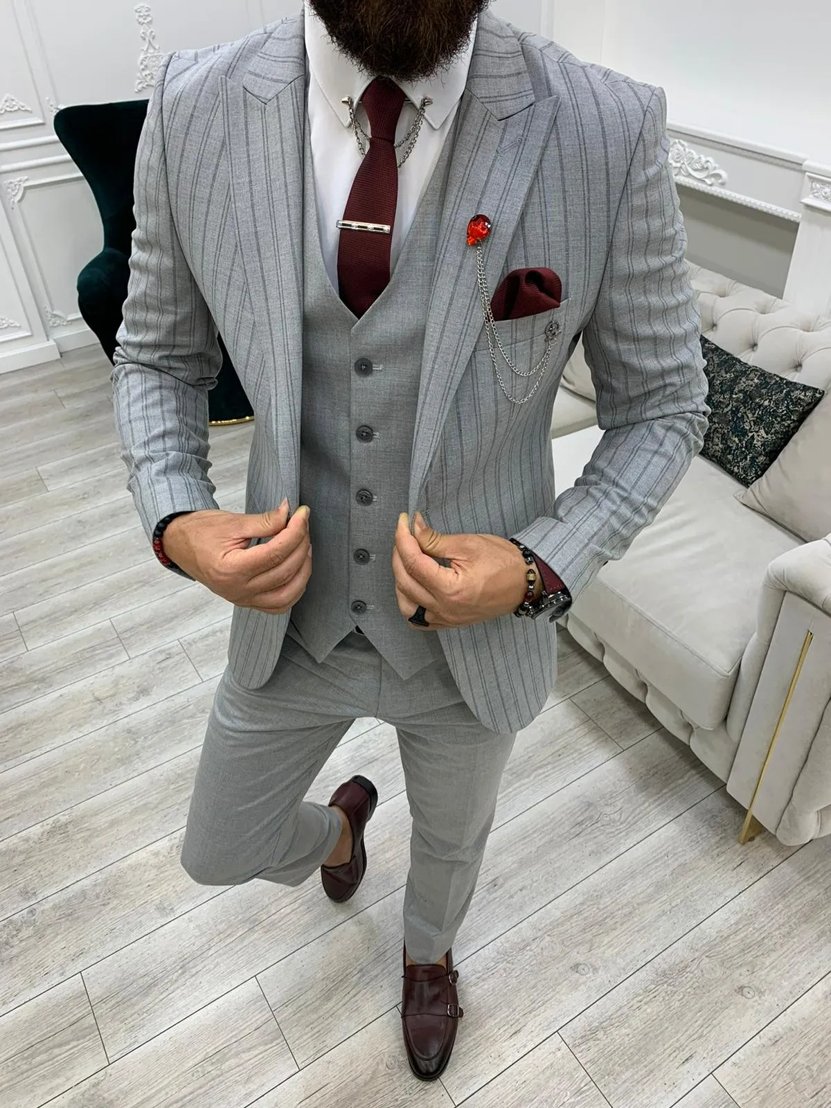 Barrua Gray Slim Fit Peak Lapel Striped Suit for Modern Men