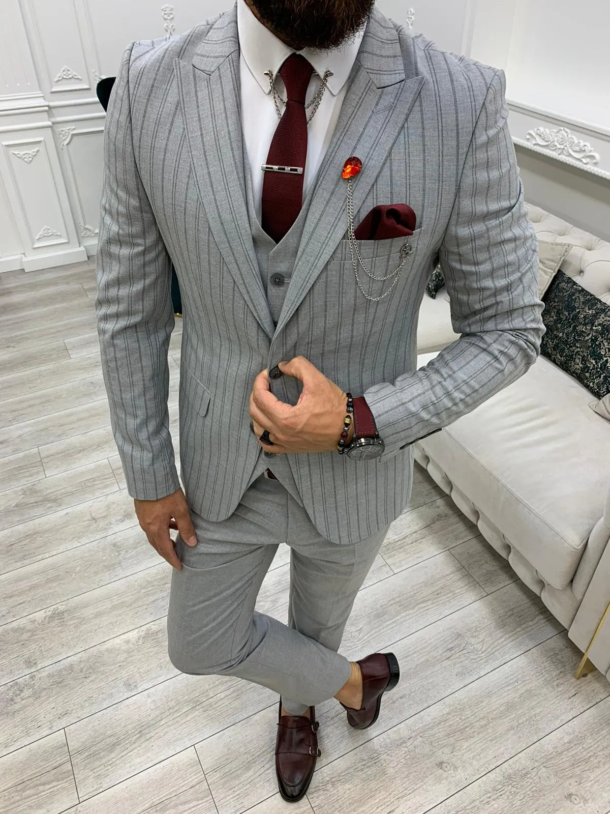 Barrua Gray Slim Fit Peak Lapel Striped Suit for Modern Men