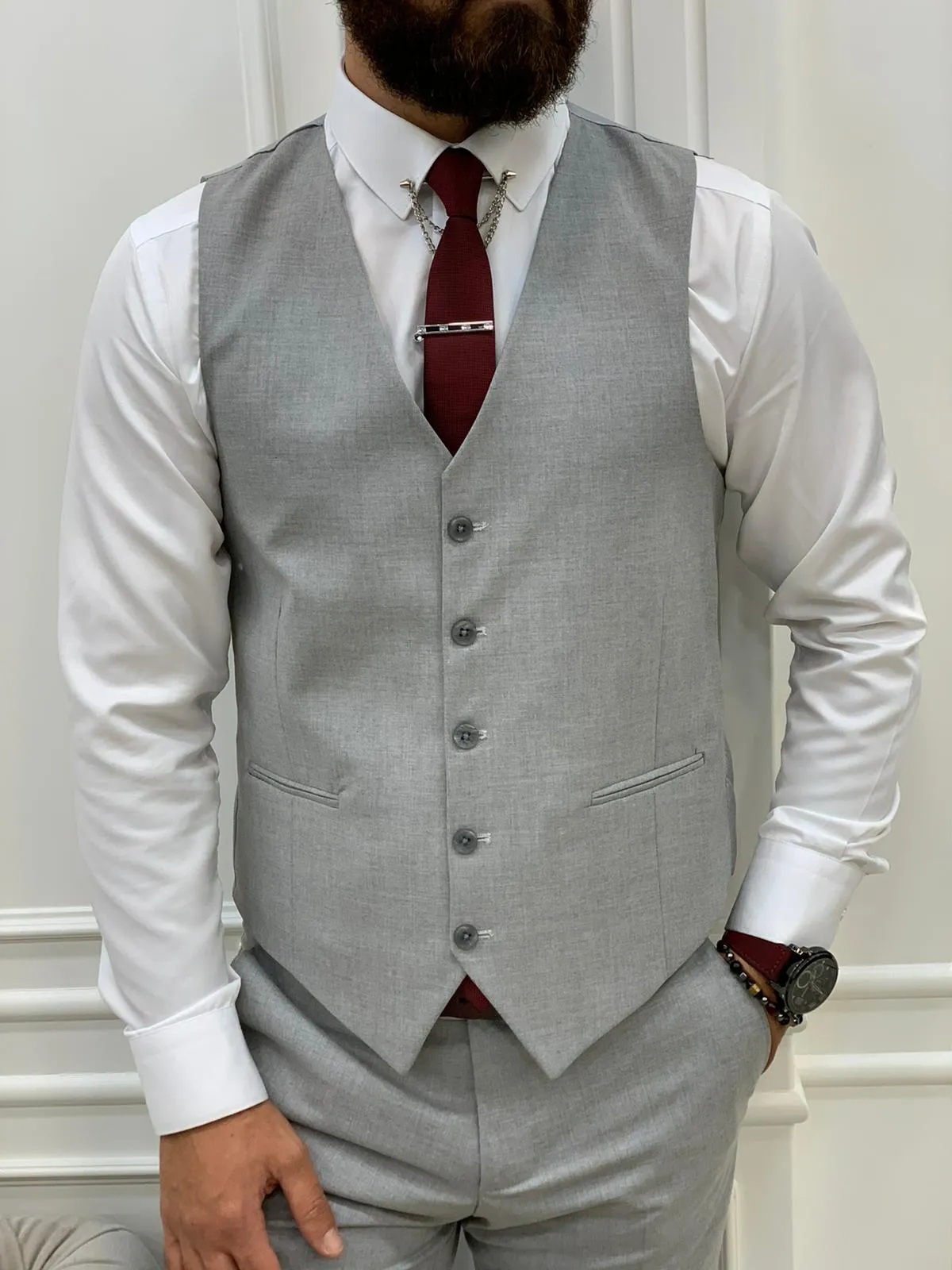 Barrua Gray Slim Fit Peak Lapel Striped Suit for Modern Men
