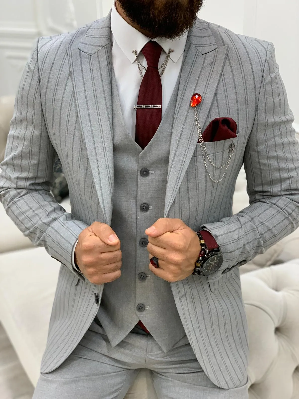 Barrua Gray Slim Fit Peak Lapel Striped Suit for Modern Men