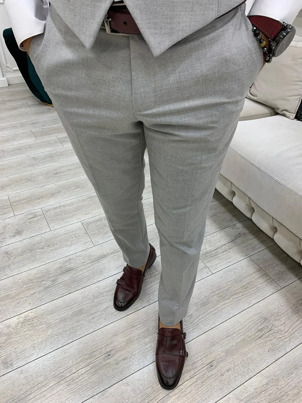 Barrua Gray Slim Fit Peak Lapel Striped Suit for Modern Men