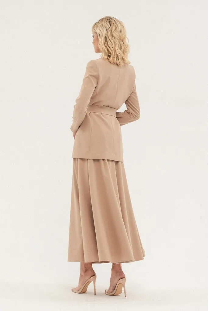 Beige Office Solid Color Long Sleeve Notch Lapel Jacket with Belt