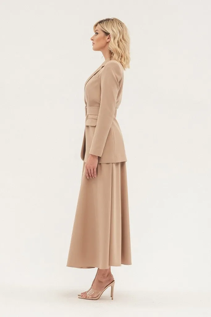 Beige Office Solid Color Long Sleeve Notch Lapel Jacket with Belt