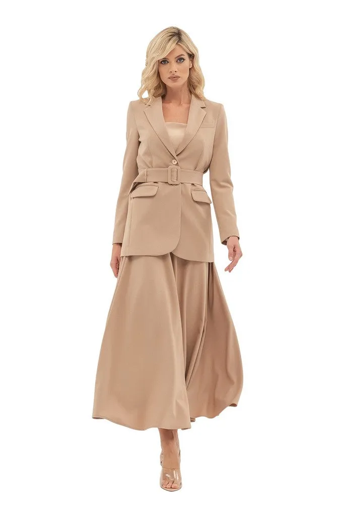 Beige Office Solid Color Long Sleeve Notch Lapel Jacket with Belt