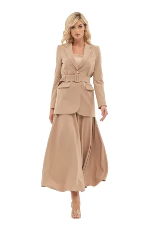 Beige Office Solid Color Long Sleeve Notch Lapel Jacket with Belt