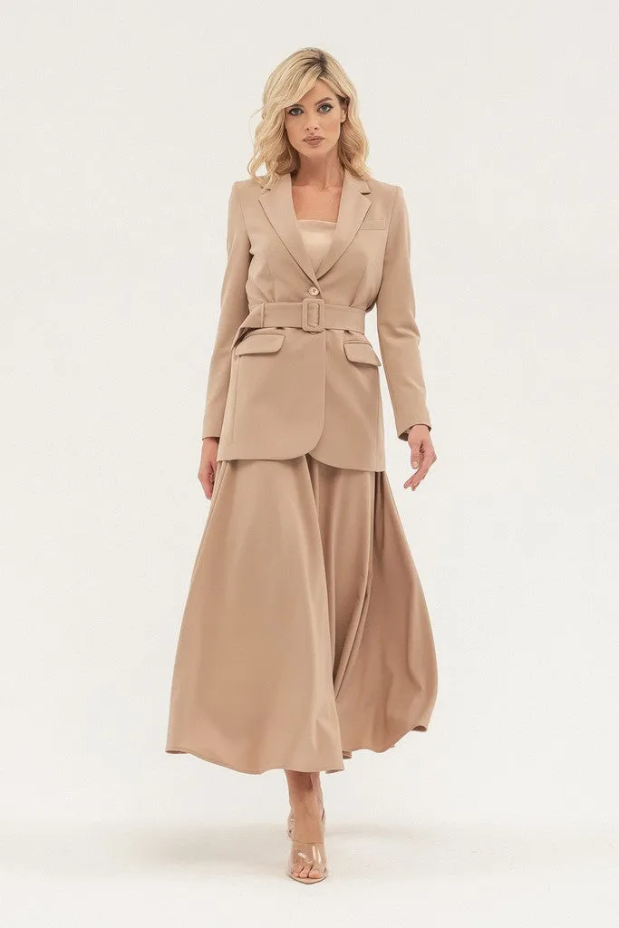 Beige Office Solid Color Long Sleeve Notch Lapel Jacket with Belt