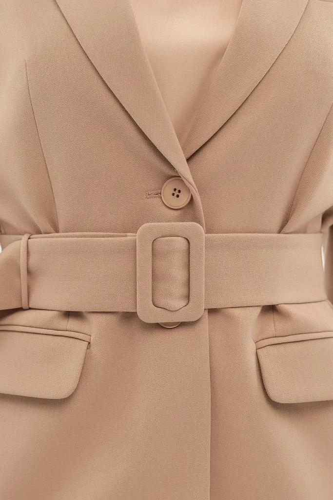 Beige Office Solid Color Long Sleeve Notch Lapel Jacket with Belt
