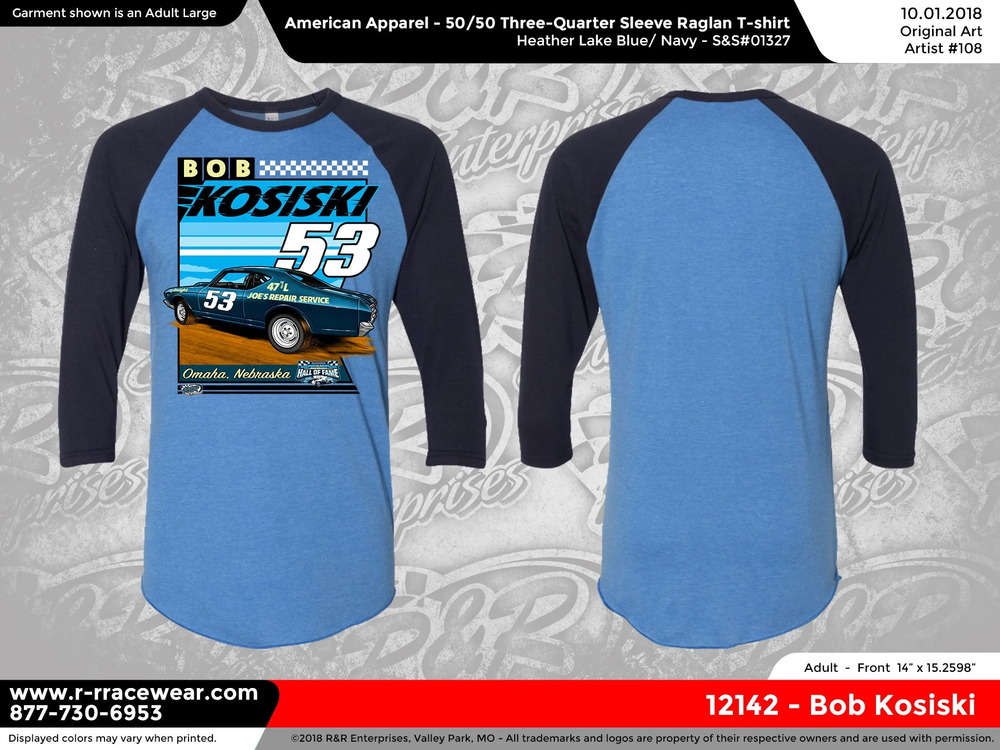 Bob Kosiski Retro 1969 Heather Lake Blue/Navy 3/4 Sleeve Raglan T-Shirt