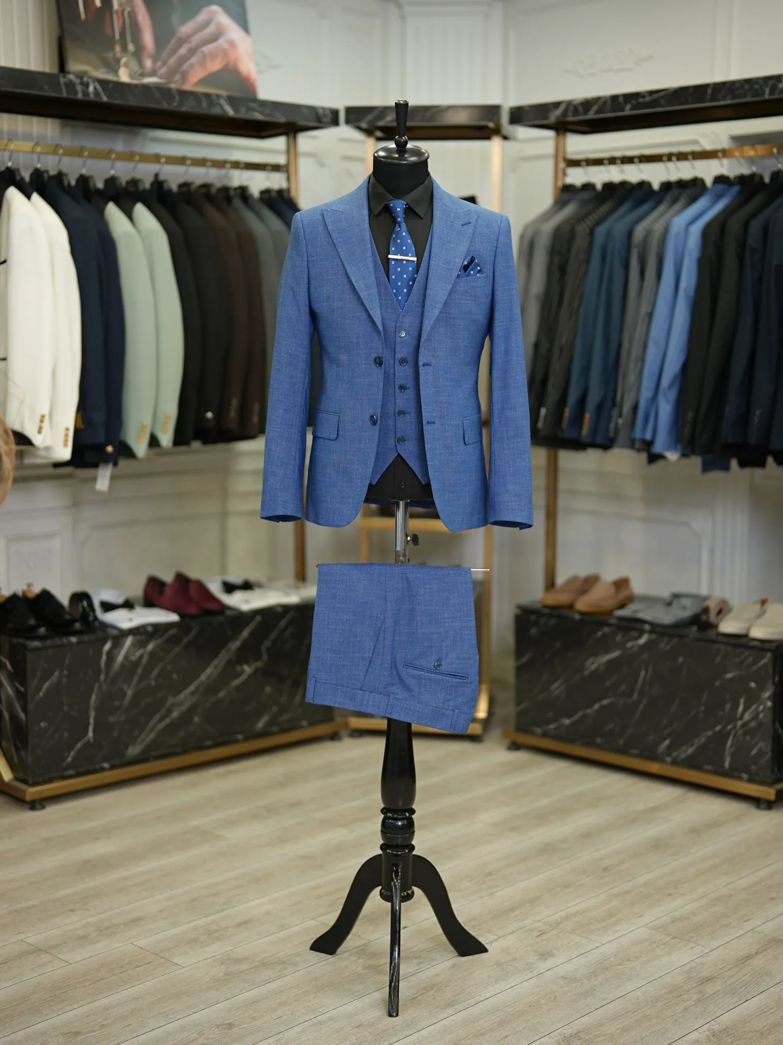 Brabion Maison Blue Slim Fit Crosshatch Suit - Three-Piece Elegance