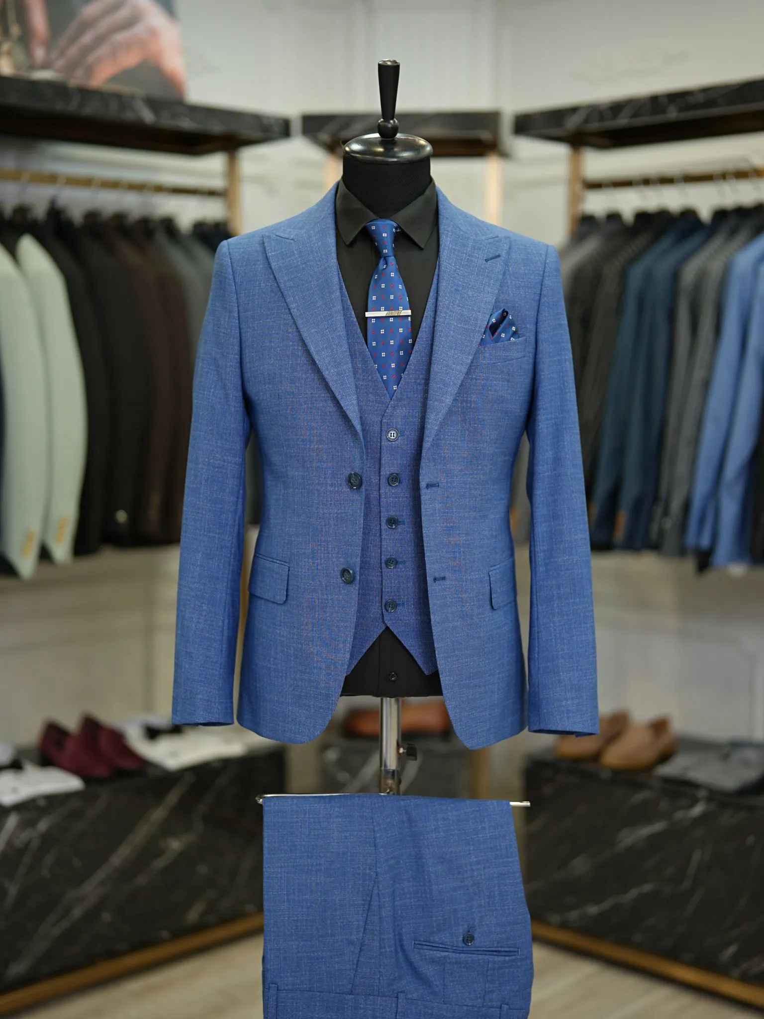 Brabion Maison Blue Slim Fit Crosshatch Suit - Three-Piece Elegance