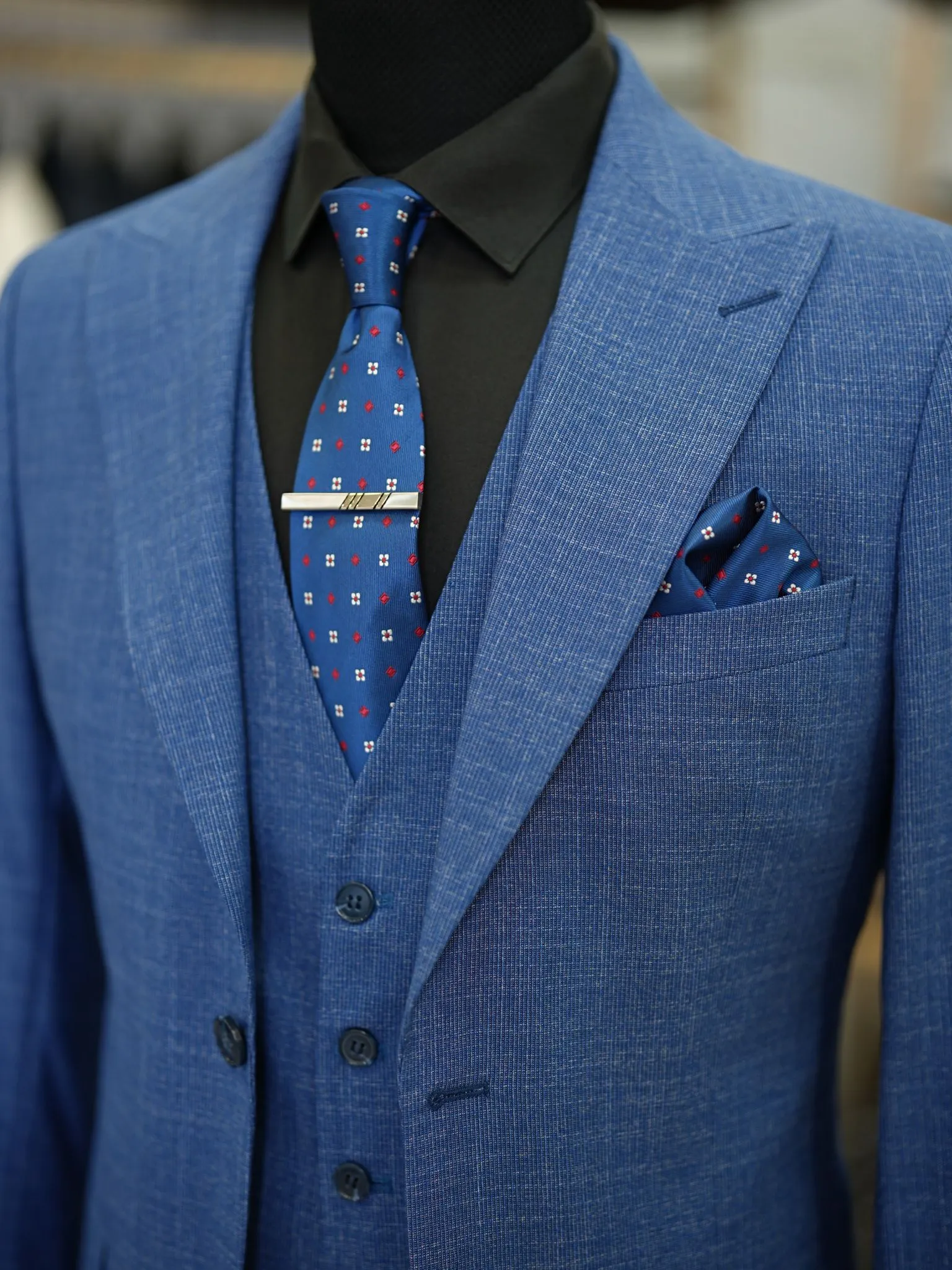 Brabion Maison Blue Slim Fit Crosshatch Suit - Three-Piece Elegance