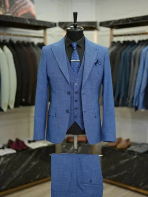 Brabion Maison Blue Slim Fit Crosshatch Suit - Three-Piece Elegance