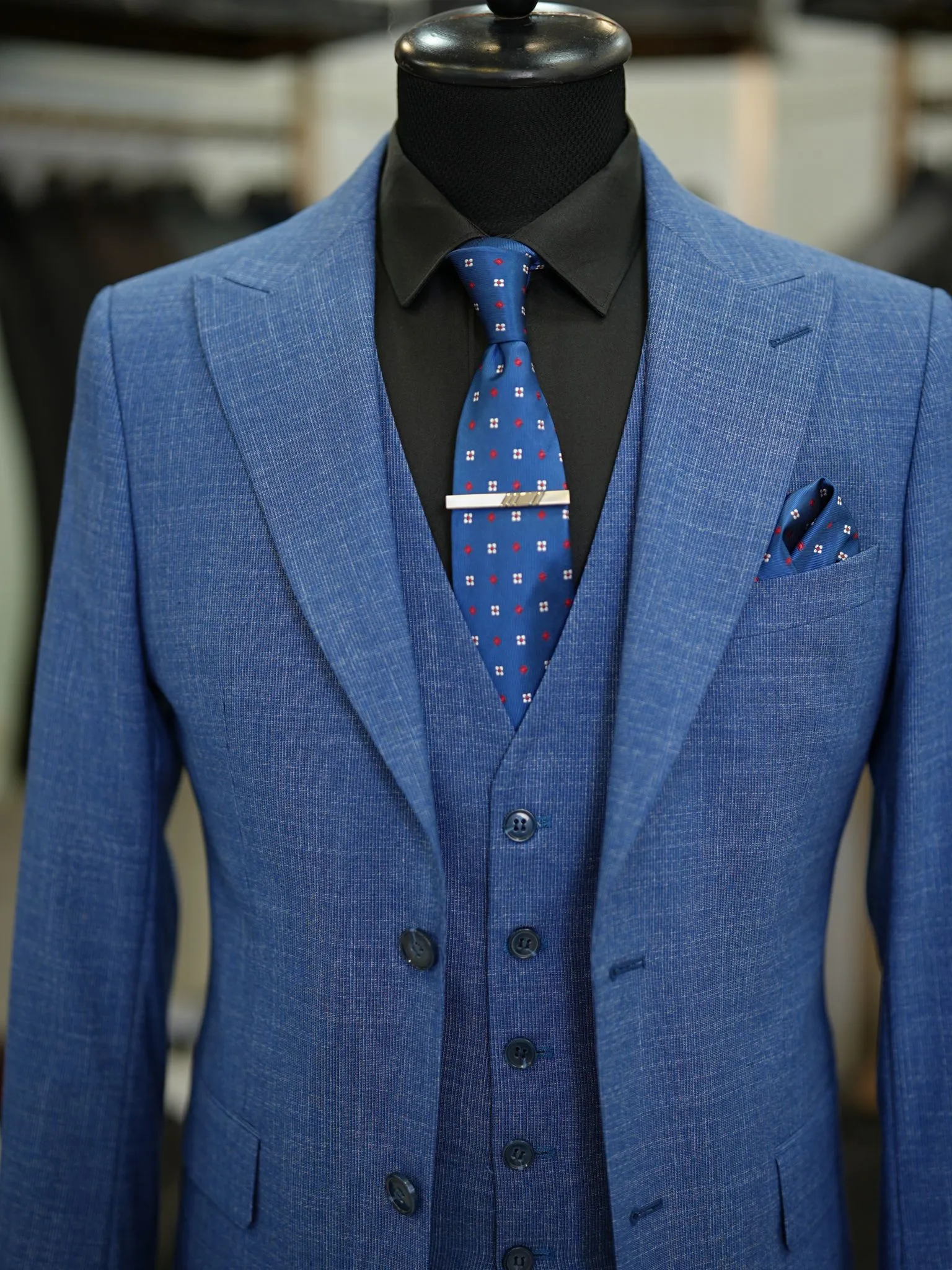 Brabion Maison Blue Slim Fit Crosshatch Suit - Three-Piece Elegance