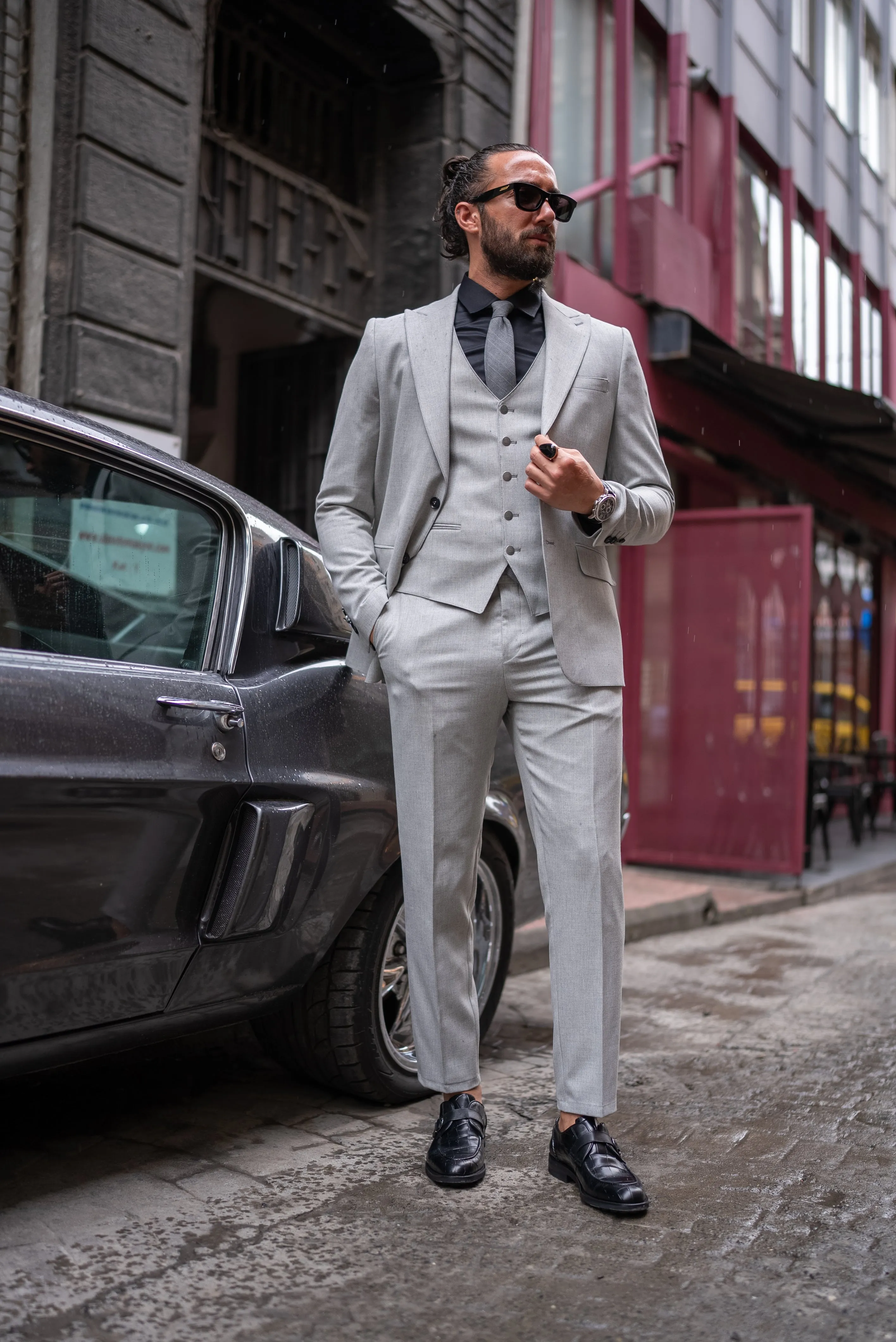 Brabion Perry Light Gray Slim Fit Peak Lapel 3 Piece Suit