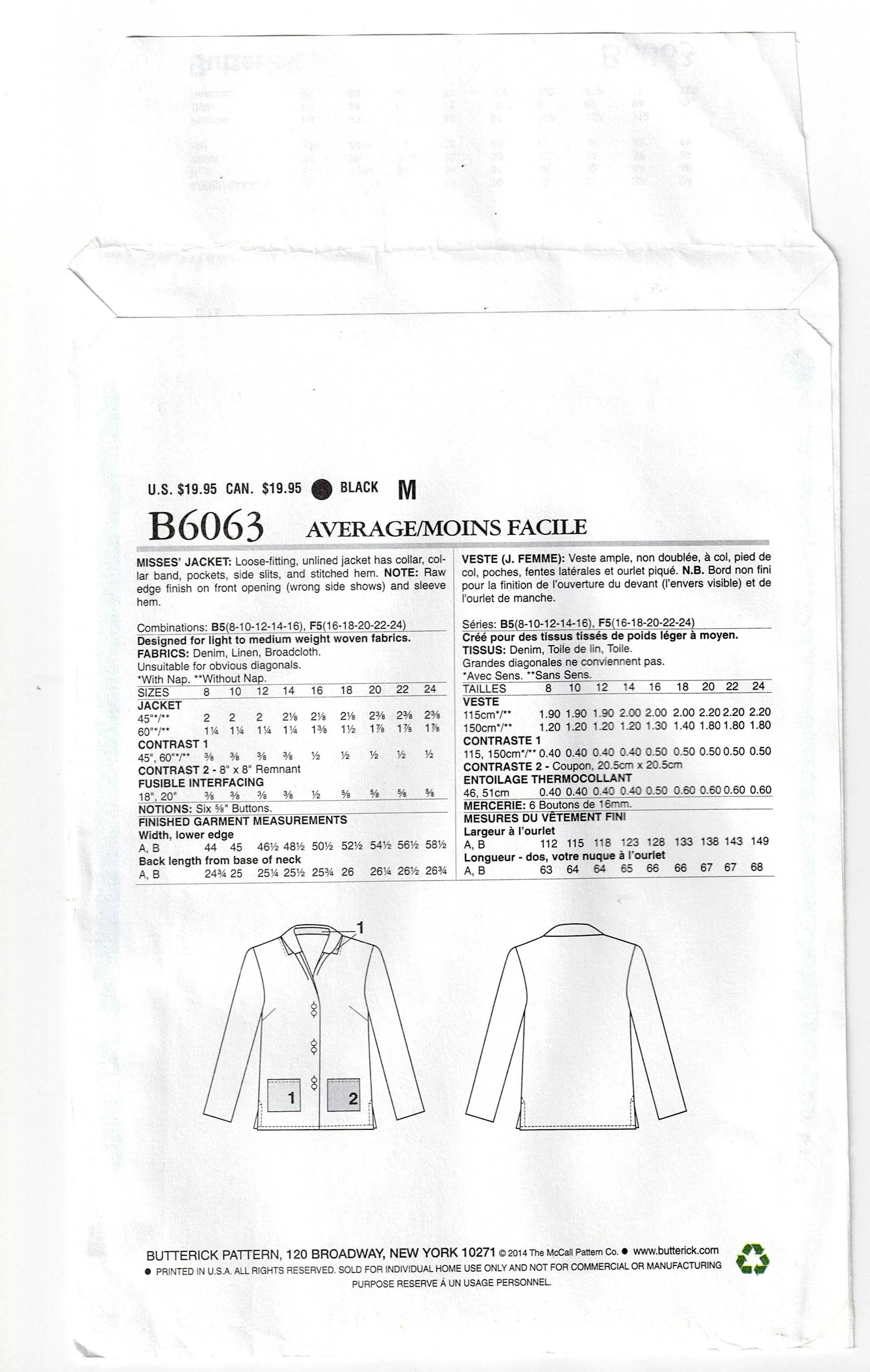 Butterick 6063 Katherine Tilton Womens Unlined Jacket With Pockets Out Of Print Sewing Pattern Sizes 8 - 16 or 16 - 24 UNCUT Factory Folded