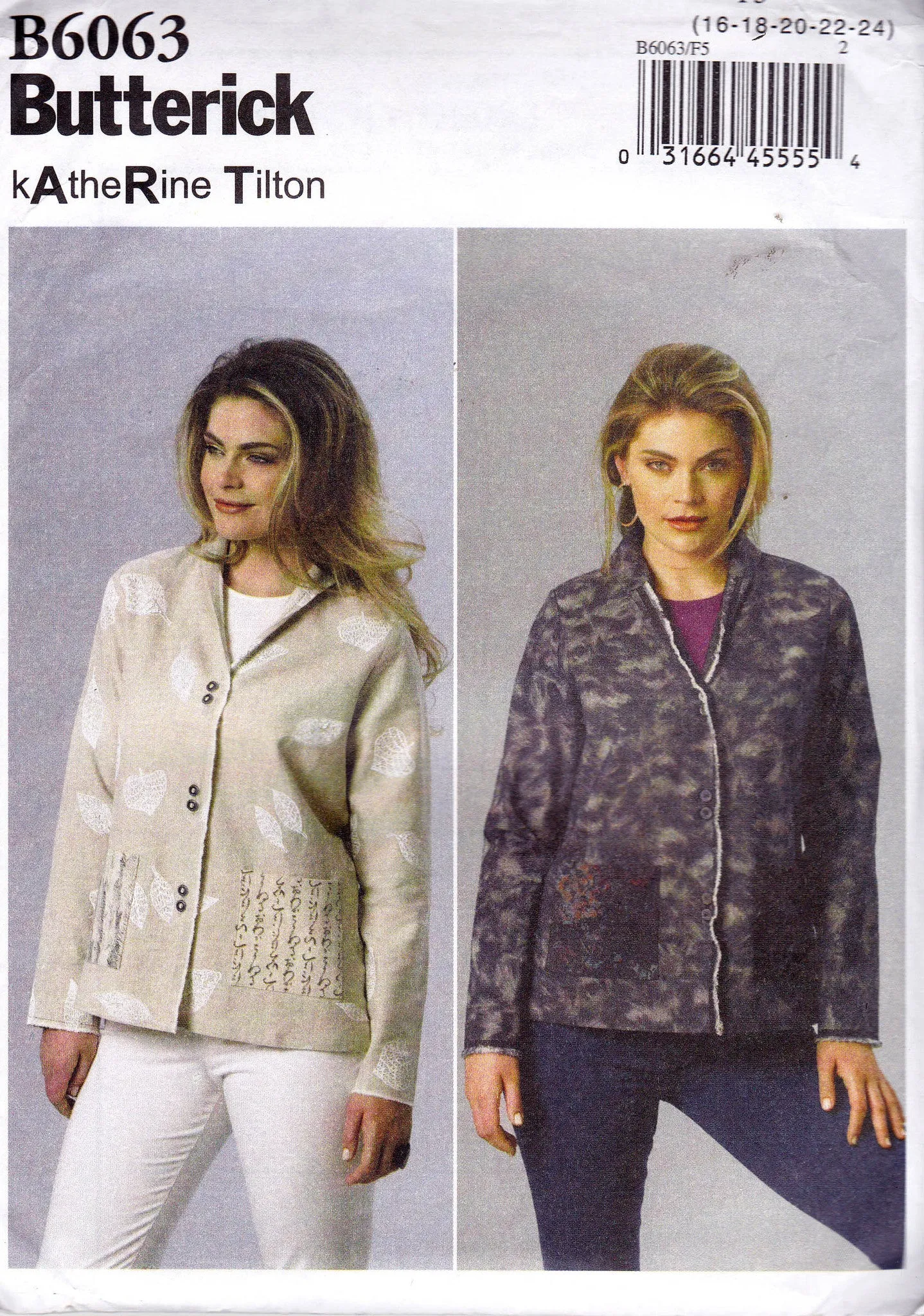 Butterick 6063 Katherine Tilton Womens Unlined Jacket With Pockets Out Of Print Sewing Pattern Sizes 8 - 16 or 16 - 24 UNCUT Factory Folded