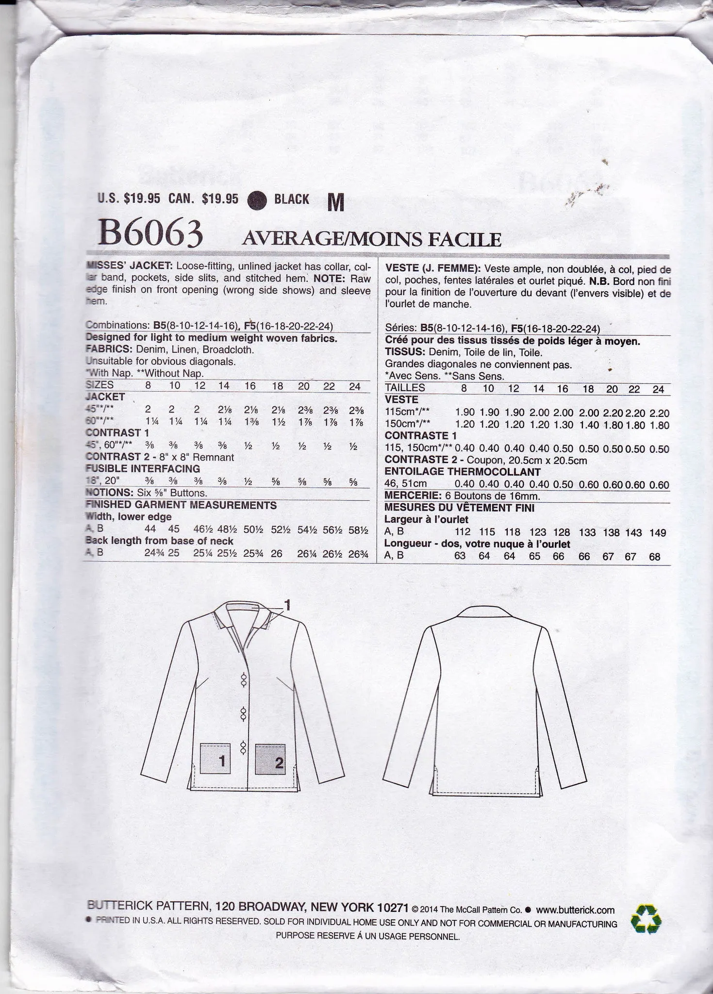 Butterick 6063 Katherine Tilton Womens Unlined Jacket With Pockets Out Of Print Sewing Pattern Sizes 8 - 16 or 16 - 24 UNCUT Factory Folded