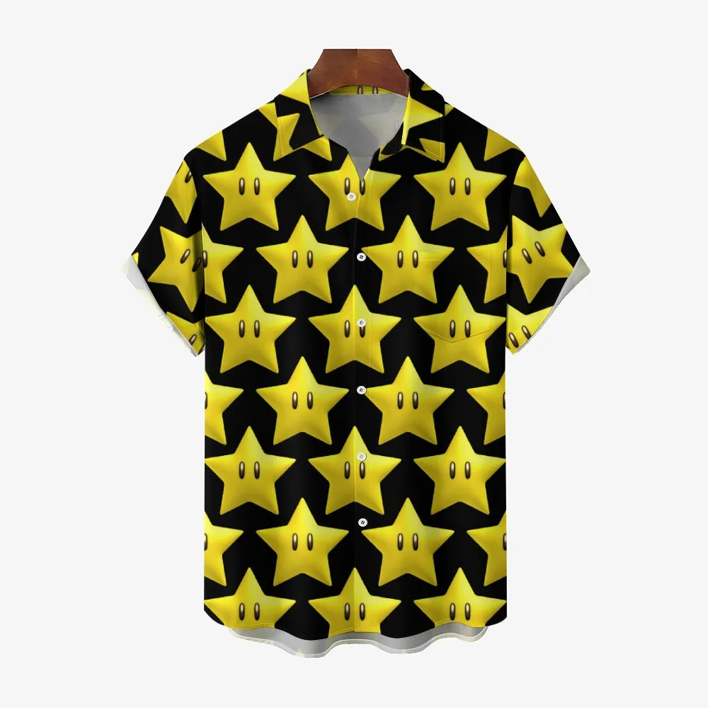 Cartoon Yellow Stars On Black Printing Short Sleeve Shirt 2408009445