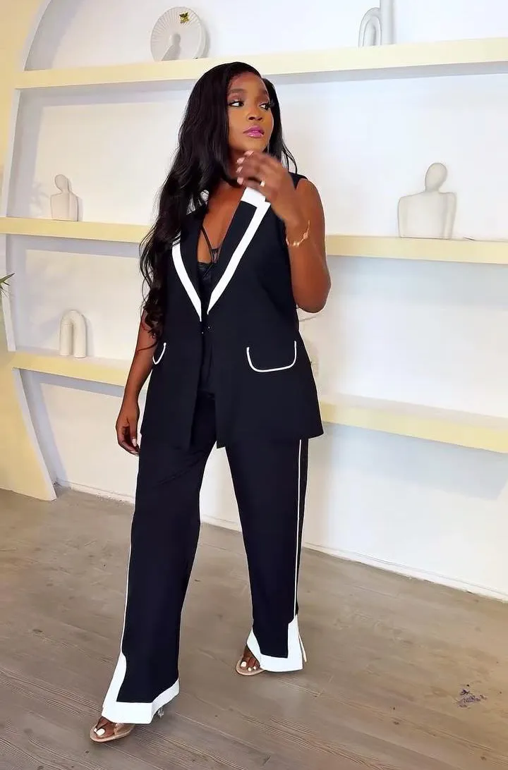 Chic Two-Piece Vest and Pants Set with Contrasting Trim Design