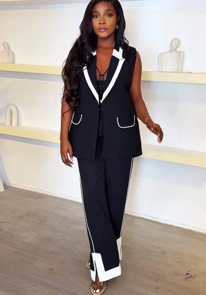 Chic Two-Piece Vest and Pants Set with Contrasting Trim Design
