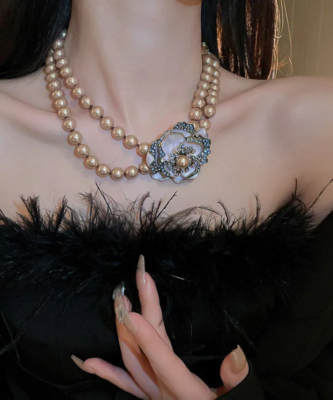 Classy Champagne Alloy Zircon Pearl Floral Gratuated Bead Necklace
