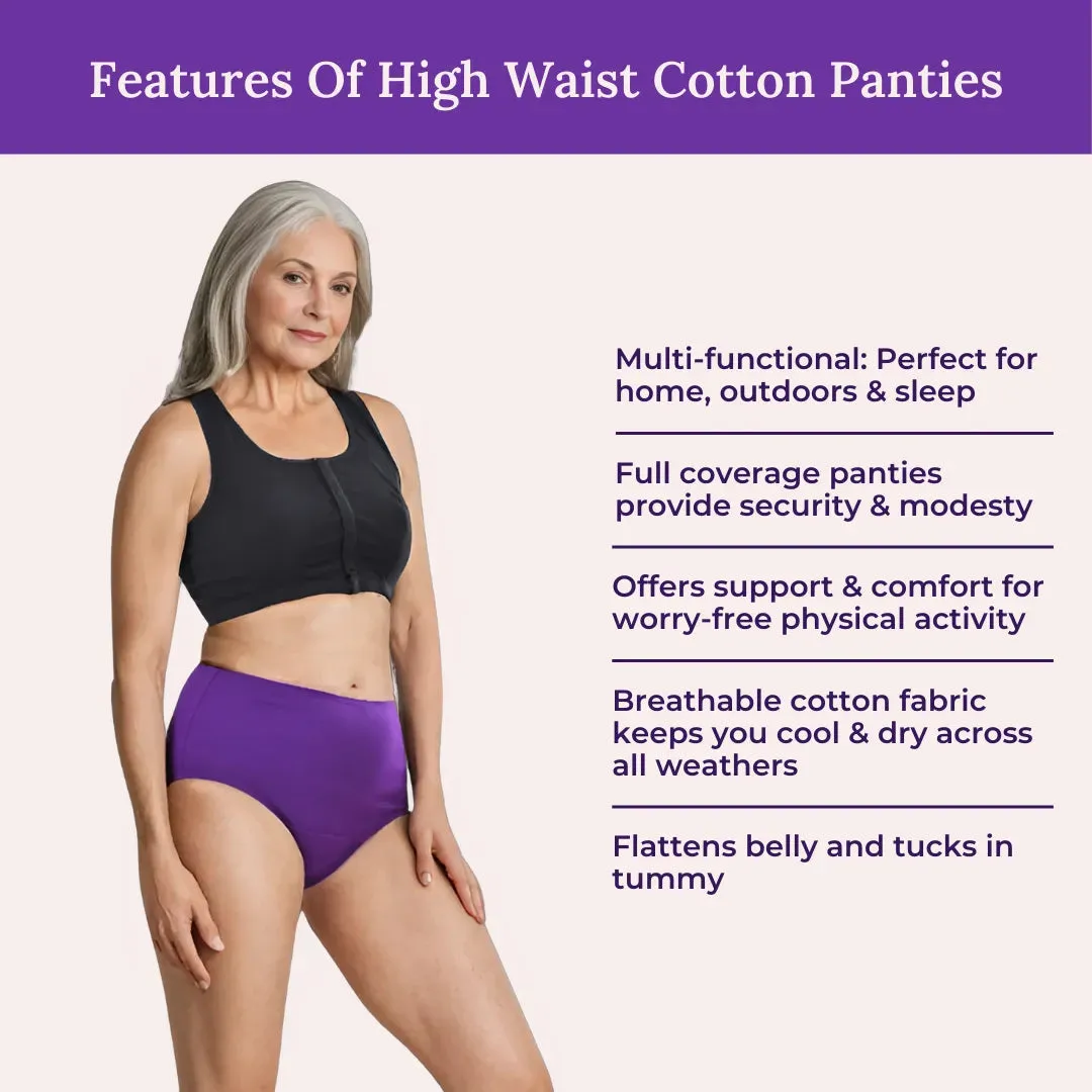 Cotton Panties For Elderly Women | High Waist | Brief Cut | Full Hip & Back Coverage | Offers Belly & Back Support | Flattens Belly & Covers Muffin Top | Friction & Rash Free | Pack Of 3