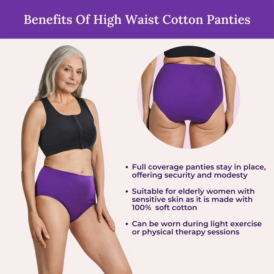 Cotton Panties For Elderly Women | High Waist | Brief Cut | Full Hip & Back Coverage | Offers Belly & Back Support | Flattens Belly & Covers Muffin Top | Friction & Rash Free | Pack Of 3
