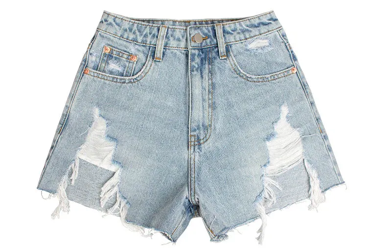 DENIM HIGH WAIST ABRASION IRREGULAR BURRS SHORTS
