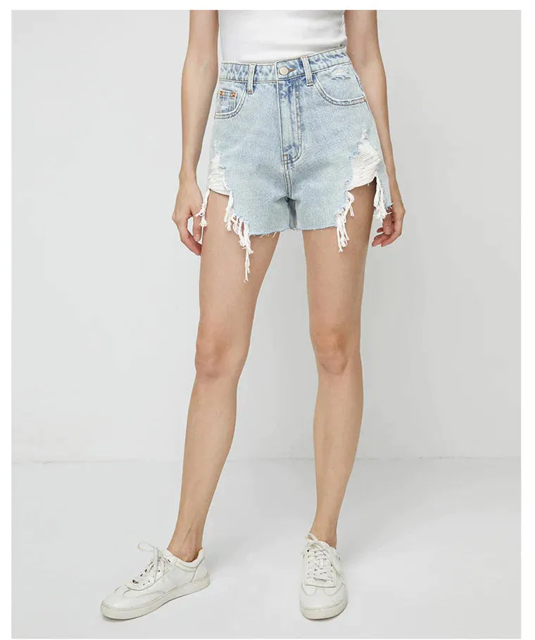 DENIM HIGH WAIST ABRASION IRREGULAR BURRS SHORTS