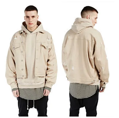 Denim jacket men with hole fashion streetwear jaqueta jeans mens jackets and coats oversize bat design kanye west