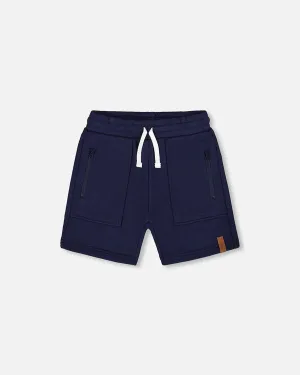 Deux Par Deux French Terry Zip Pocket Shorts - Navy Blue