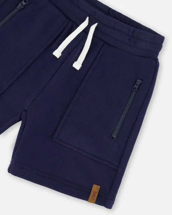 Deux Par Deux French Terry Zip Pocket Shorts - Navy Blue