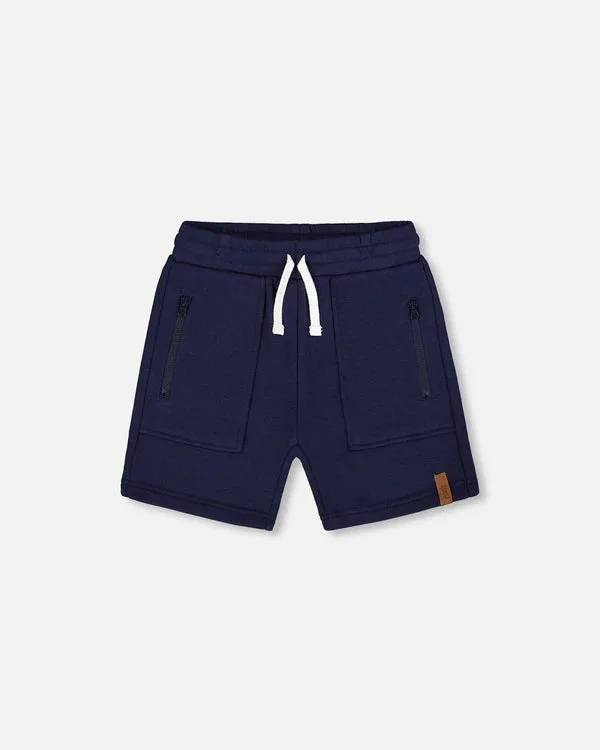 Deux Par Deux French Terry Zip Pocket Shorts - Navy Blue