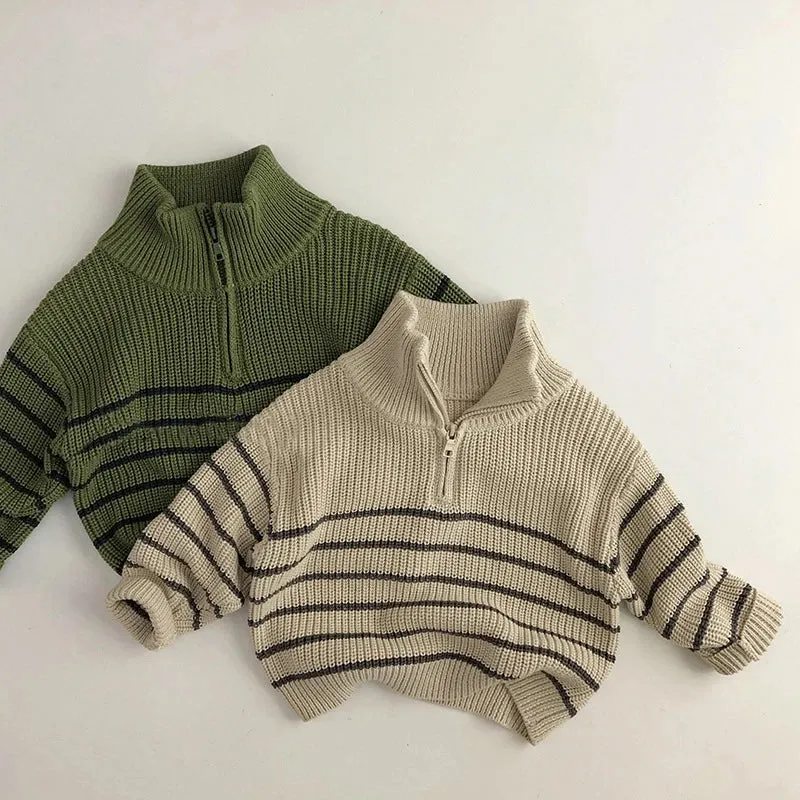 Easy Zip Striped Children's Jumper With Stand-up Collar