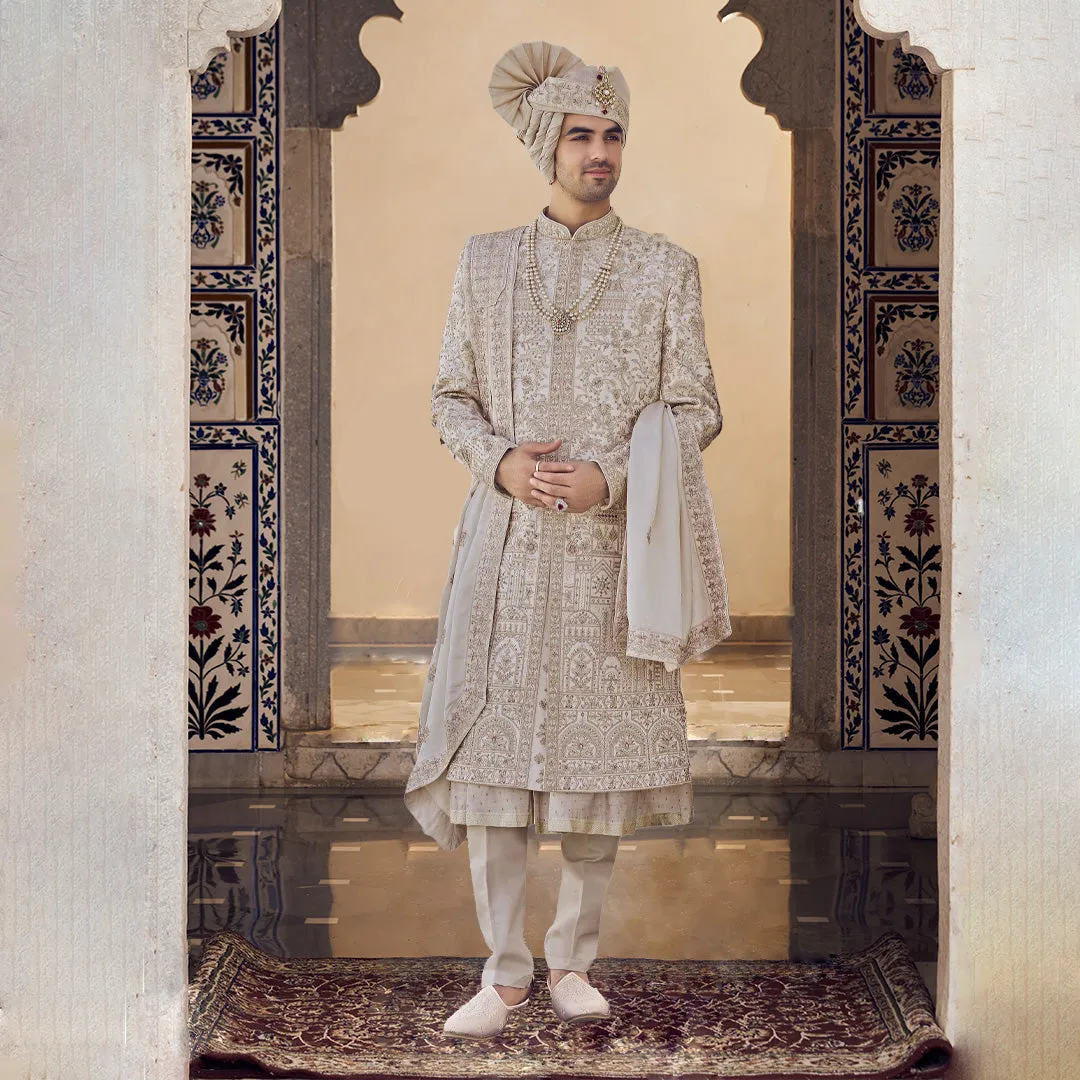 Elegant Ash Cream Sherwani  for Men