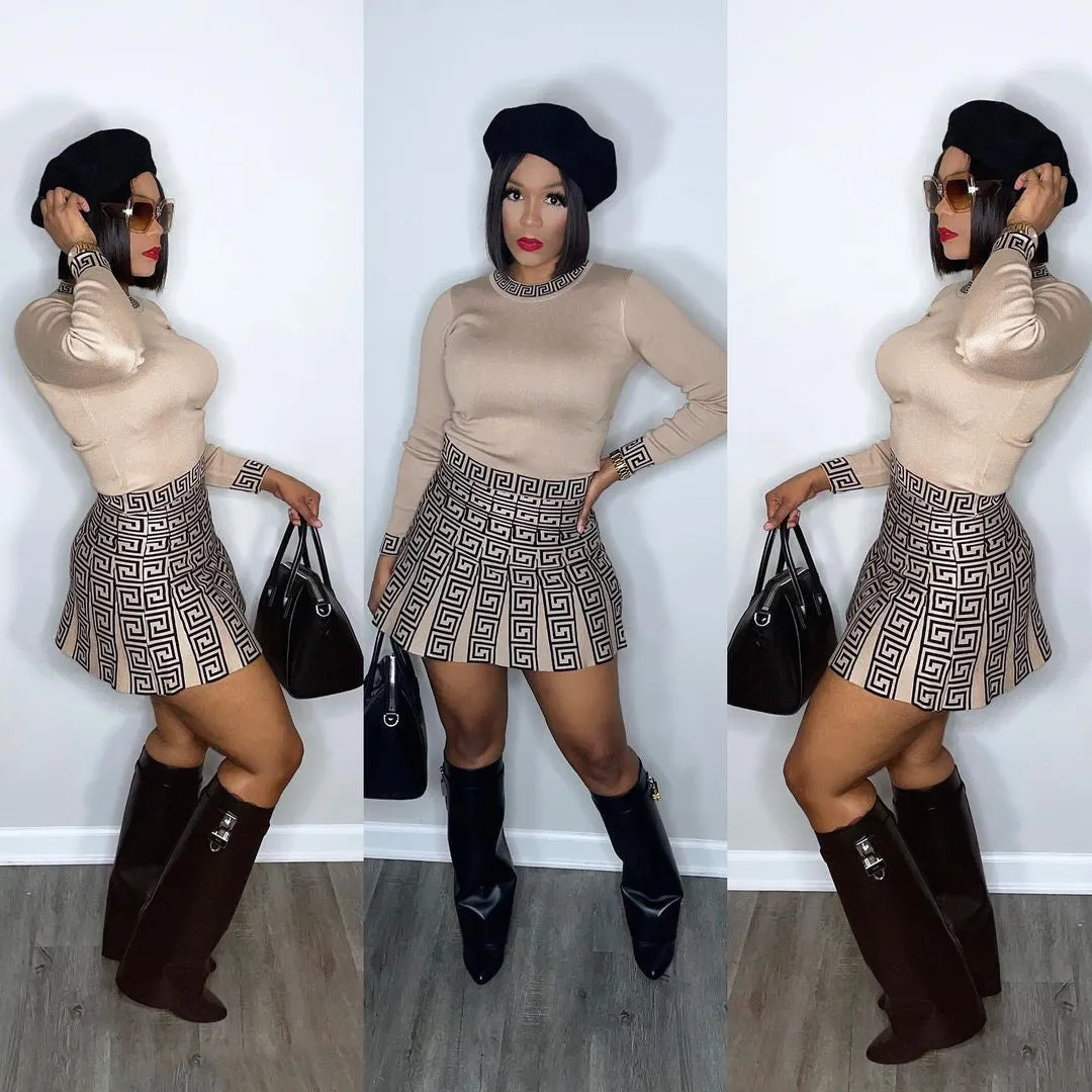Elegant High Waist A-Line Skirt and Printed Long Sleeve Top Two-Piece Set