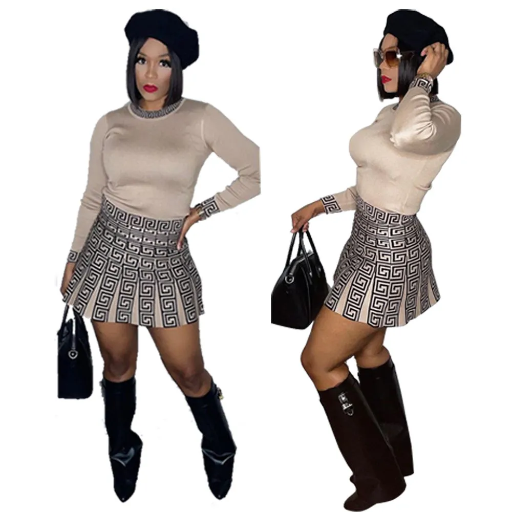 Elegant High Waist A-Line Skirt and Printed Long Sleeve Top Two-Piece Set