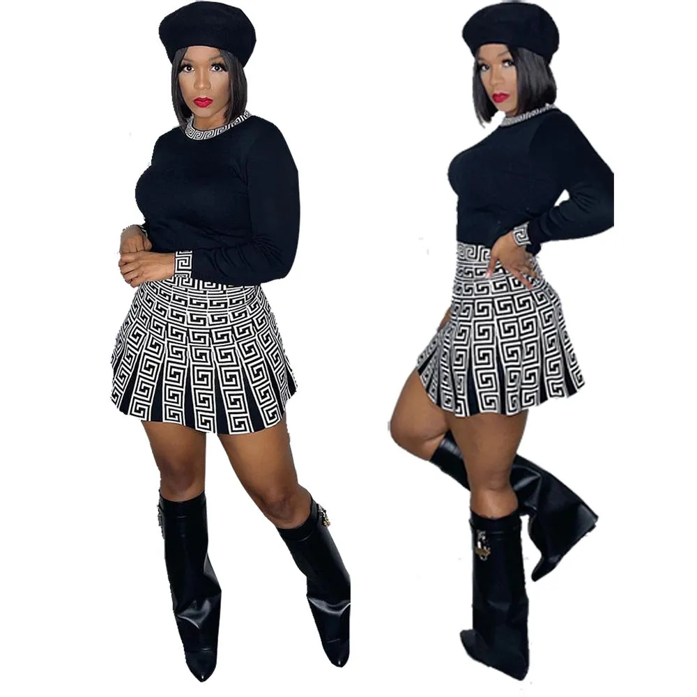 Elegant High Waist A-Line Skirt and Printed Long Sleeve Top Two-Piece Set