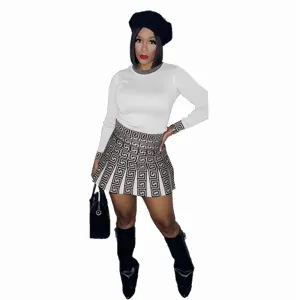 Elegant High Waist A-Line Skirt and Printed Long Sleeve Top Two-Piece Set