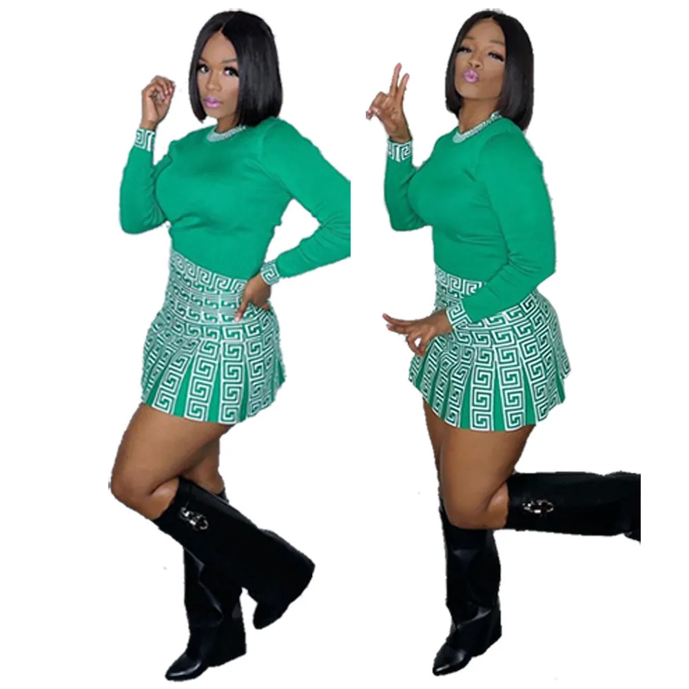 Elegant High Waist A-Line Skirt and Printed Long Sleeve Top Two-Piece Set