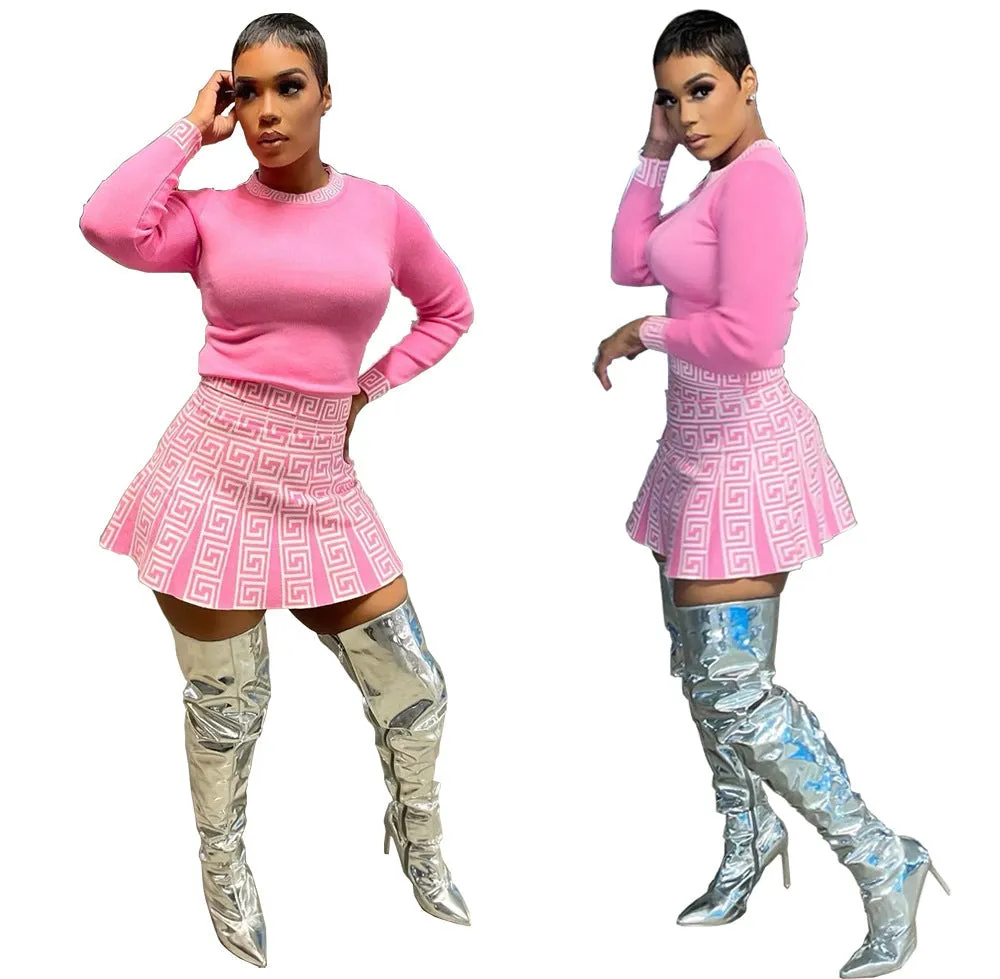 Elegant High Waist A-Line Skirt and Printed Long Sleeve Top Two-Piece Set